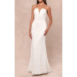 Lulus Gorgeous Love White Lace Strapless Mermaid Maxi Dress Sz Small Womens Whit